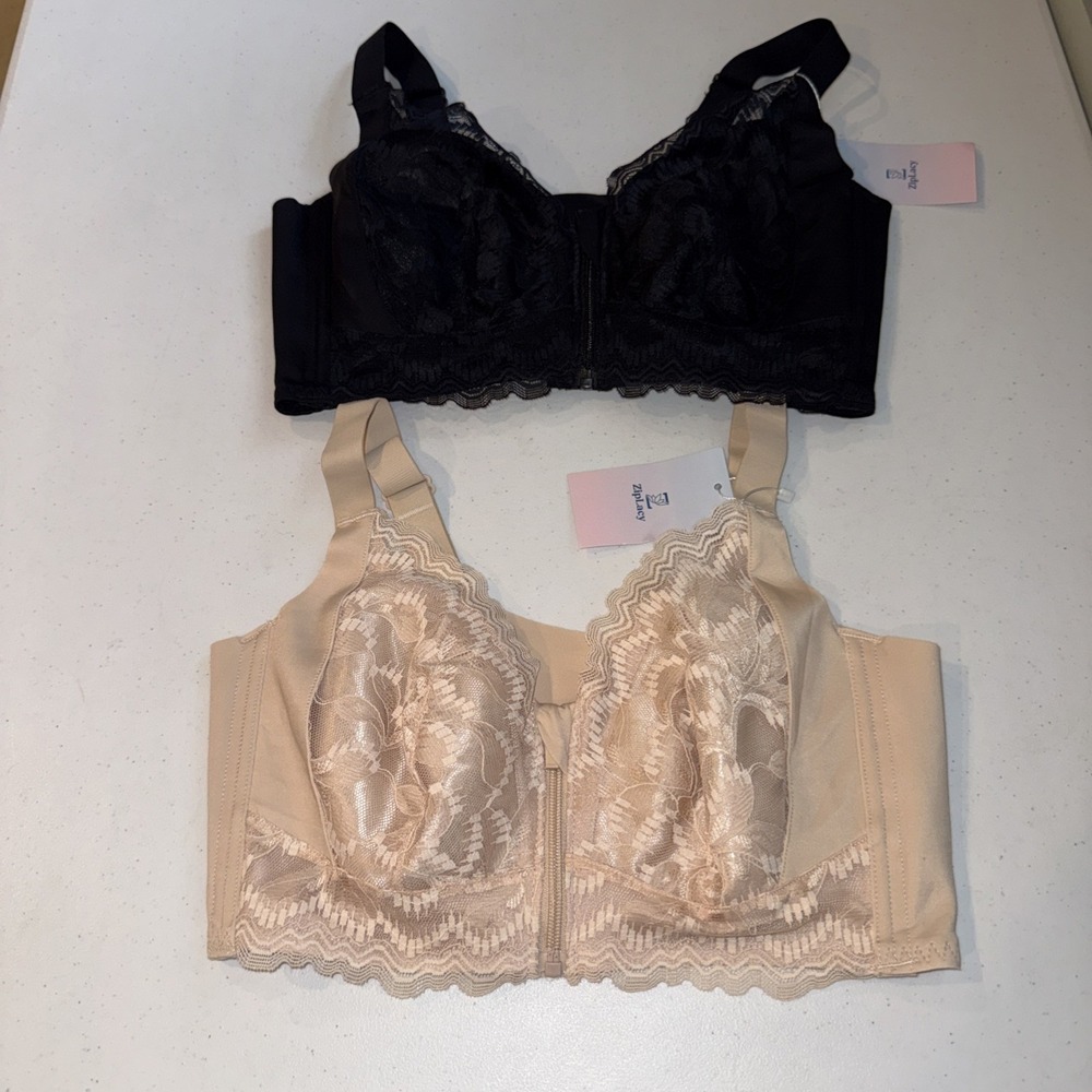 NWT ZipLacy Ultra Soft Front Zip Wireless Lifting Bra Nude & Black Lot of 2  XL